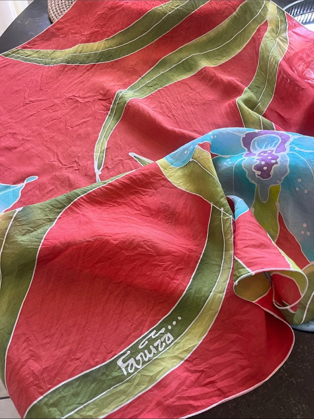 Vintage Faruzzi reddish orange silk blend scarf with flowers 33
